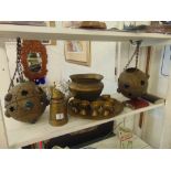 A qty of metalware, brass, hip flask etc.