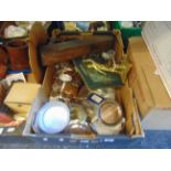 A box of odds, metal ware etc.