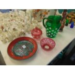 A Ruby bowl, Cranberry pot, Green jug etc.