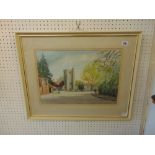 A framed watercolour, church scene,