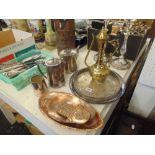 A plated tea set of tray and other silver plated and brass