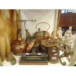 A collection of odds, lantern, ship in bottles, Jelly moulds, copper kettle etc.