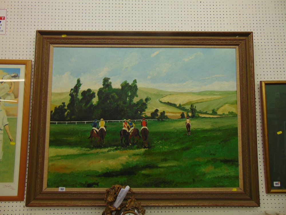 A large framed oil on board, Race horse scene,