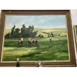 A large framed oil on board, Race horse scene,