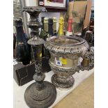 A Silver plated candlestick and trophy/ ice bucket