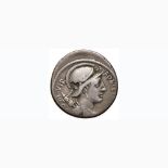 Fonteia – P. Fonteius P. f. Capito - Denario (55 a.C.) Busto elmato di Marte a d. - R/ Cavaliere