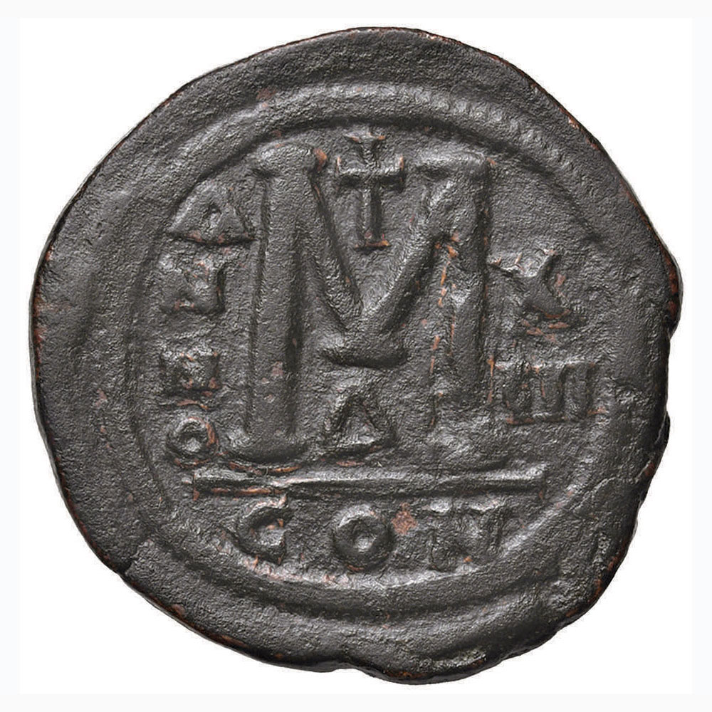 BISANZIO Giustiniano I (527-565) Mezzo follis - Busto elmato di fronte - R/ Grande M nel campo – - Image 2 of 2