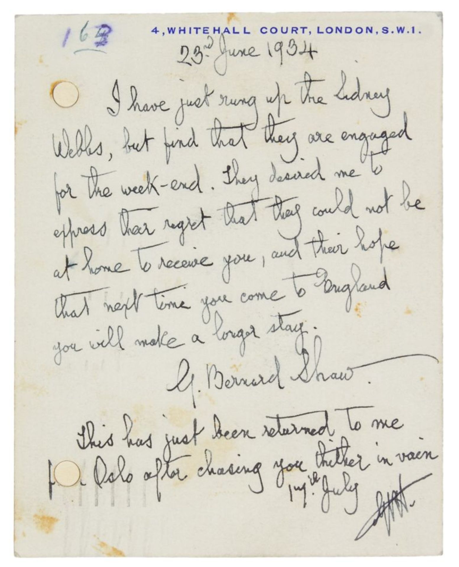 Nobelpreisträger - - Shaw, George Bernard. Postkarte mit eigenhändigem 11-zeiligen Text und voller