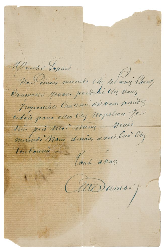 Dumas, Alexandre. Eigenhändiger Brief mit Unterschrift an Moritz Gottlieb Saphir. 1o-zeilige