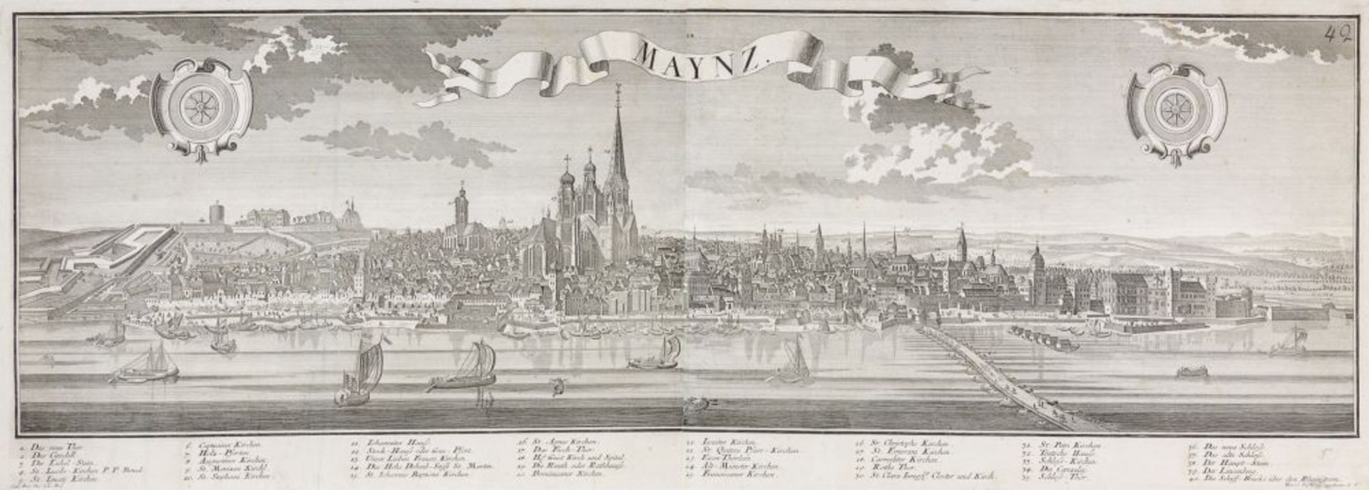 Ansichten - Mainz - - Maynz. Große Gesamtansicht von vorne mit Schiffen und rechts Pontonbrücke im