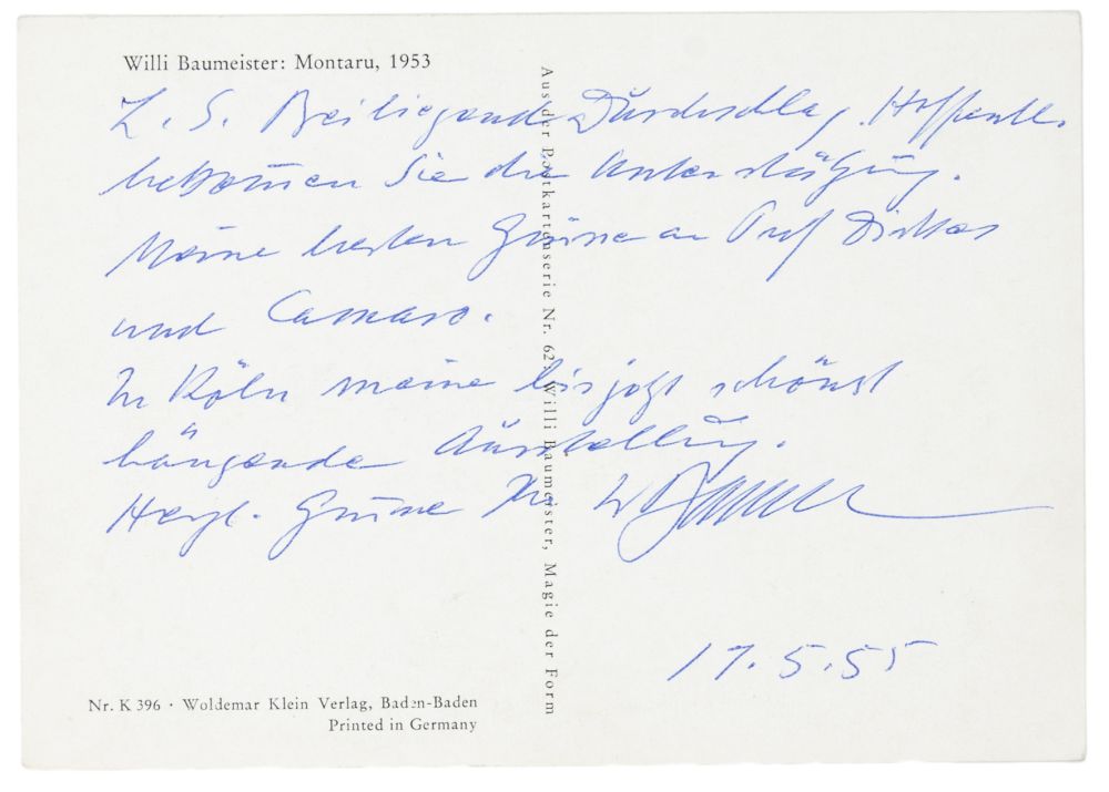 Baumeister, Willi. Eigenhändige Postkarte, datiert 15.5.1955. Vorne mit der Abbildung des