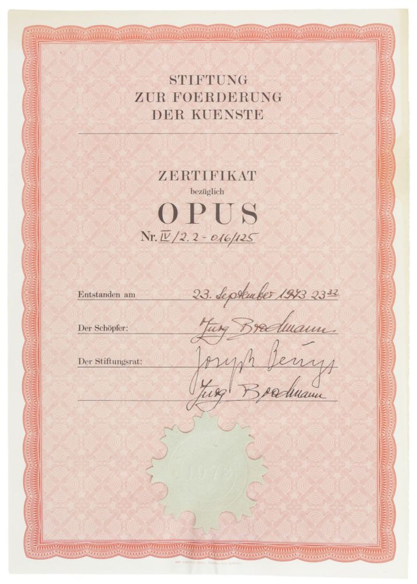 Beuys, Joseph. Fettbriefe. 5 signierte und verso nummerierte Blatt mit Briefkopf "FOUNDATION FOR THE - Image 2 of 2