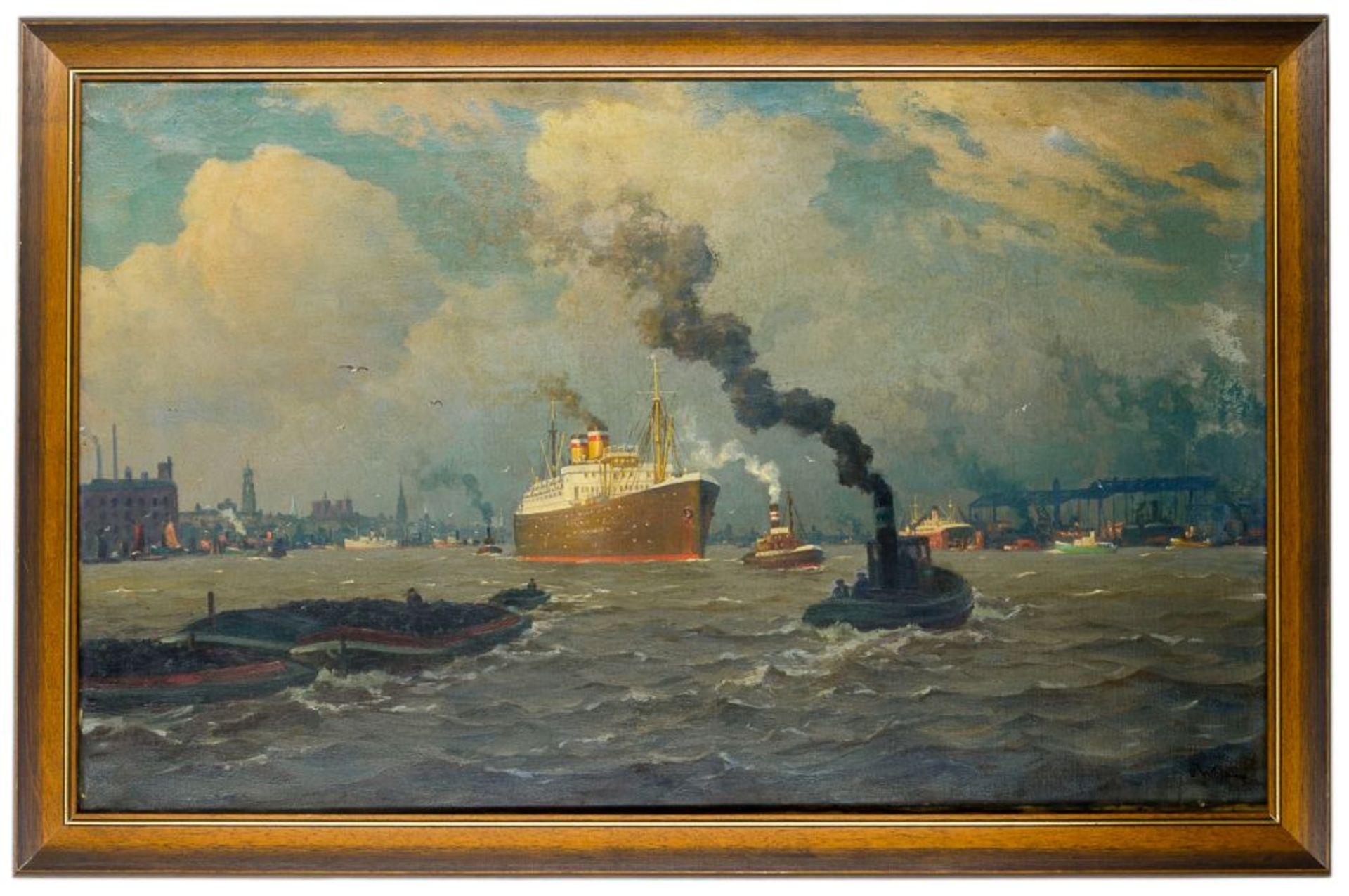 Wolde, Paul. Hamburger Hafen mit Dampfern. Öl auf Leinwand. Rechts unten signiert. Bildgröße: 66 x - Image 2 of 2