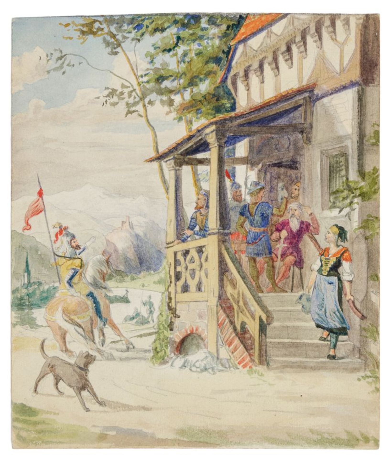 Volkmann, Hans Richard von. Ohne Titel (Ritterszene) Aquarell auf Papier. Verso monogrammiert und