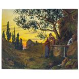 Volkmann, Hans Richard von. Frau mit Krug am Brunnen vor Landschaft mit Sonnenuntergang. Aquarell