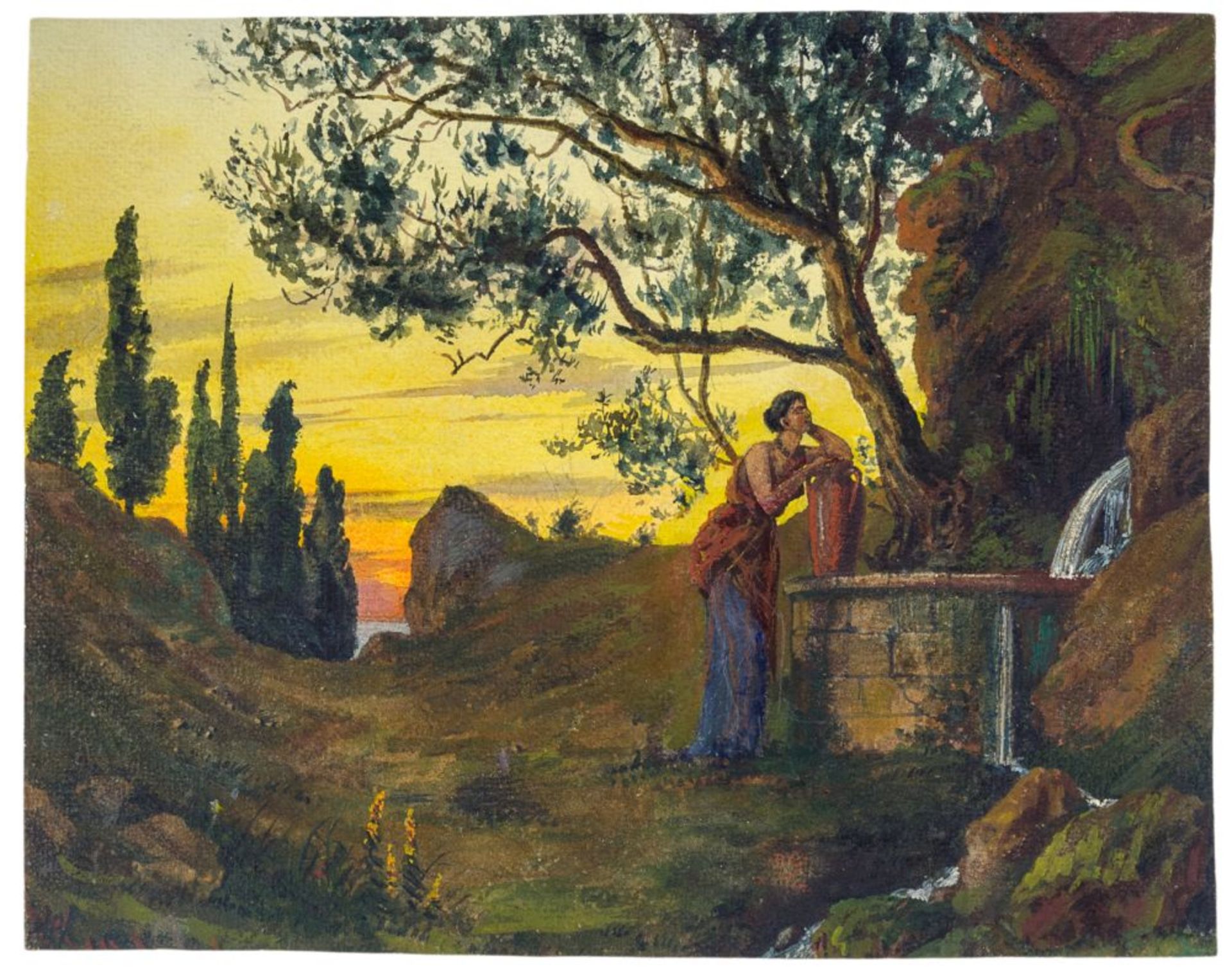 Volkmann, Hans Richard von. Frau mit Krug am Brunnen vor Landschaft mit Sonnenuntergang. Aquarell