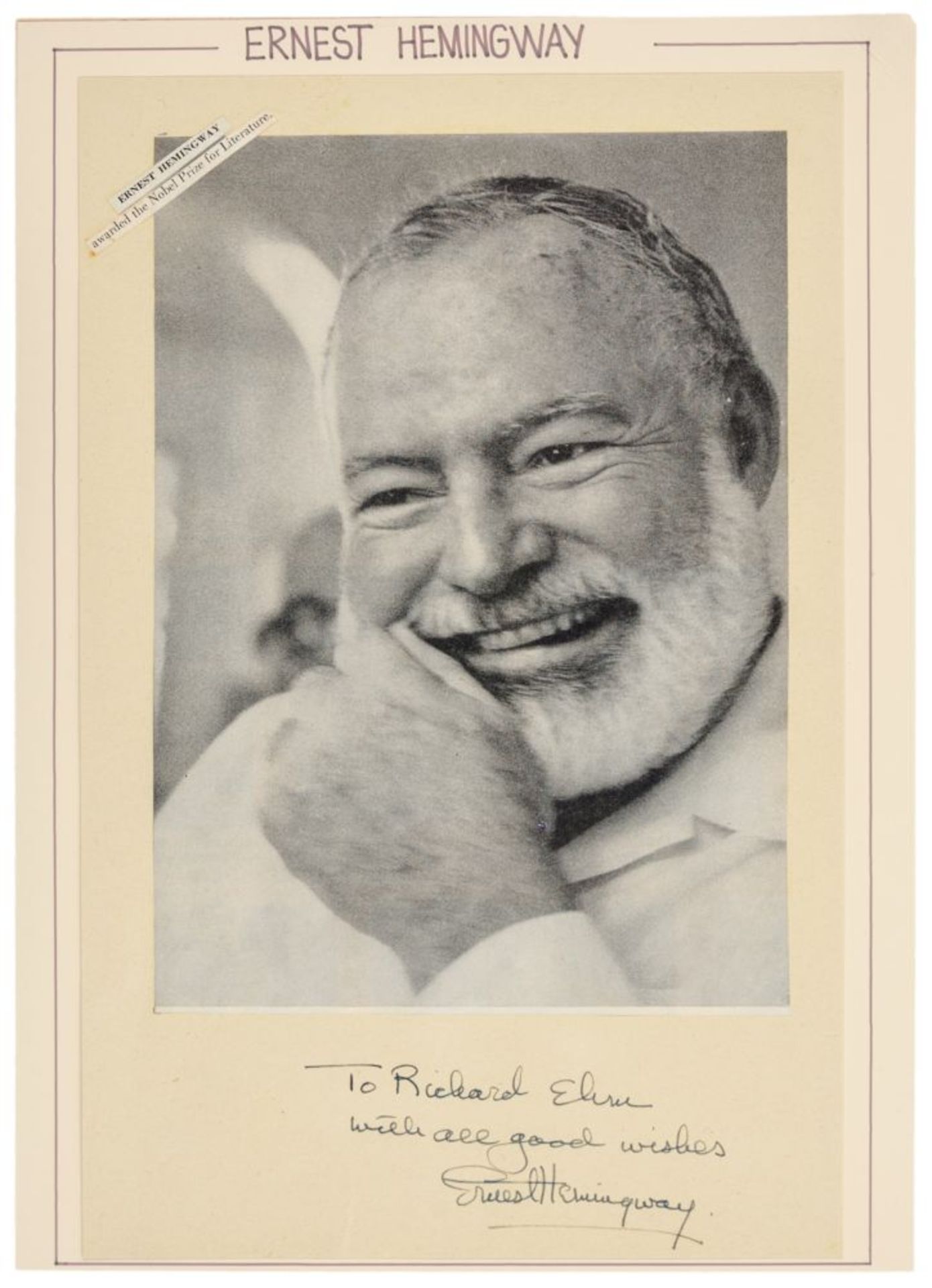 Nobelpreisträger - - Hemingway, Ernest. Albumblatt mit eigenhändiger Unterschrift und Widmung "To