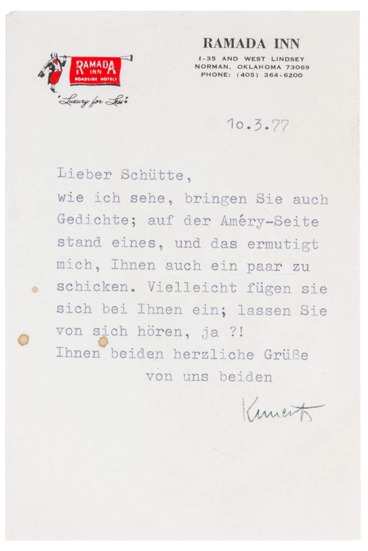 Kunert, Günter. 84 Autographen: 6 eigenhändige Briefe mit Unterschrift, 30 maschinenschriftliche - Bild 3 aus 8