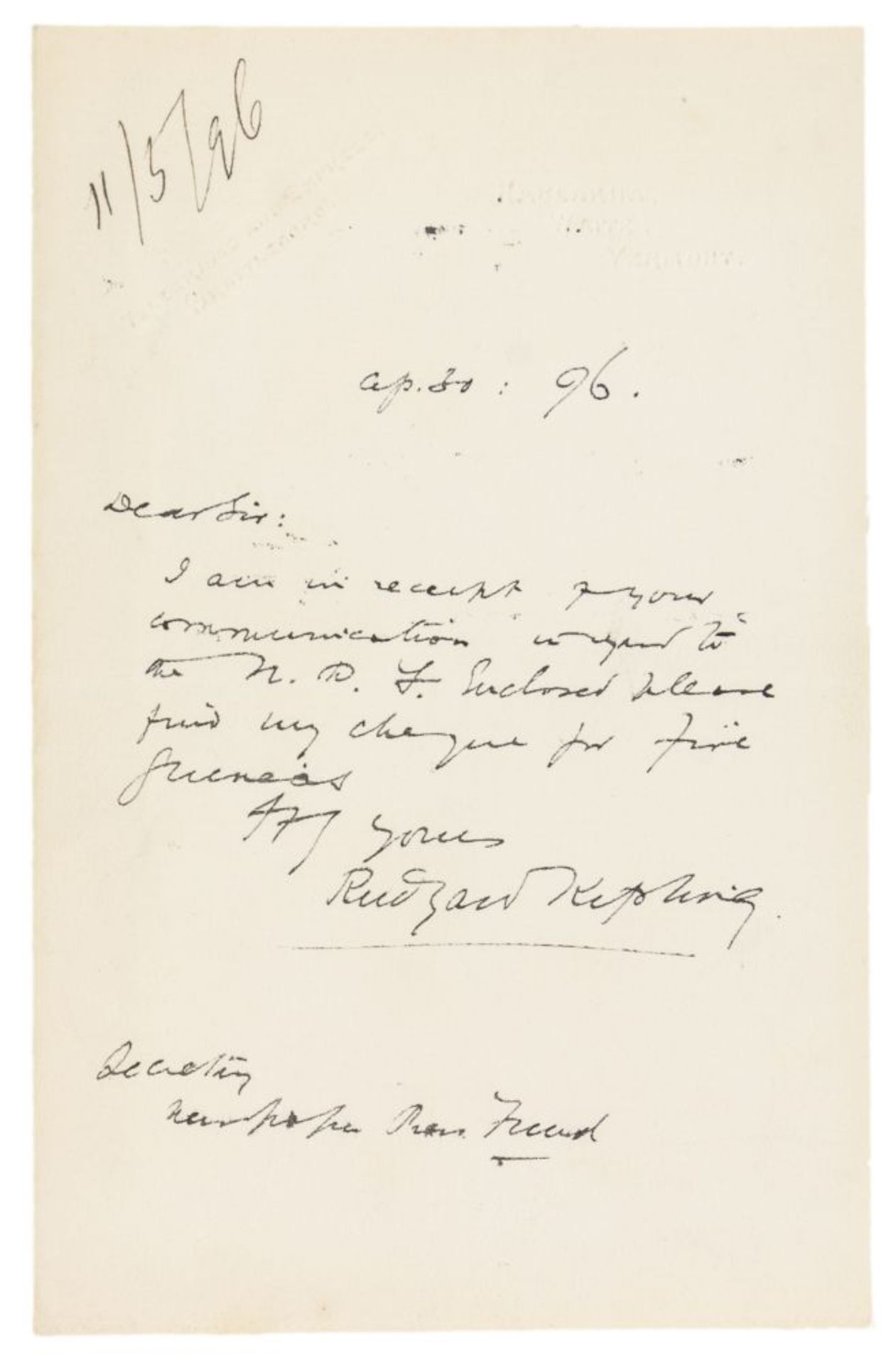 Nobelpreisträger - - Kipling, Rudyard. Brief mit eigenhändigem 10-zeiligen Text und Unterschrift.