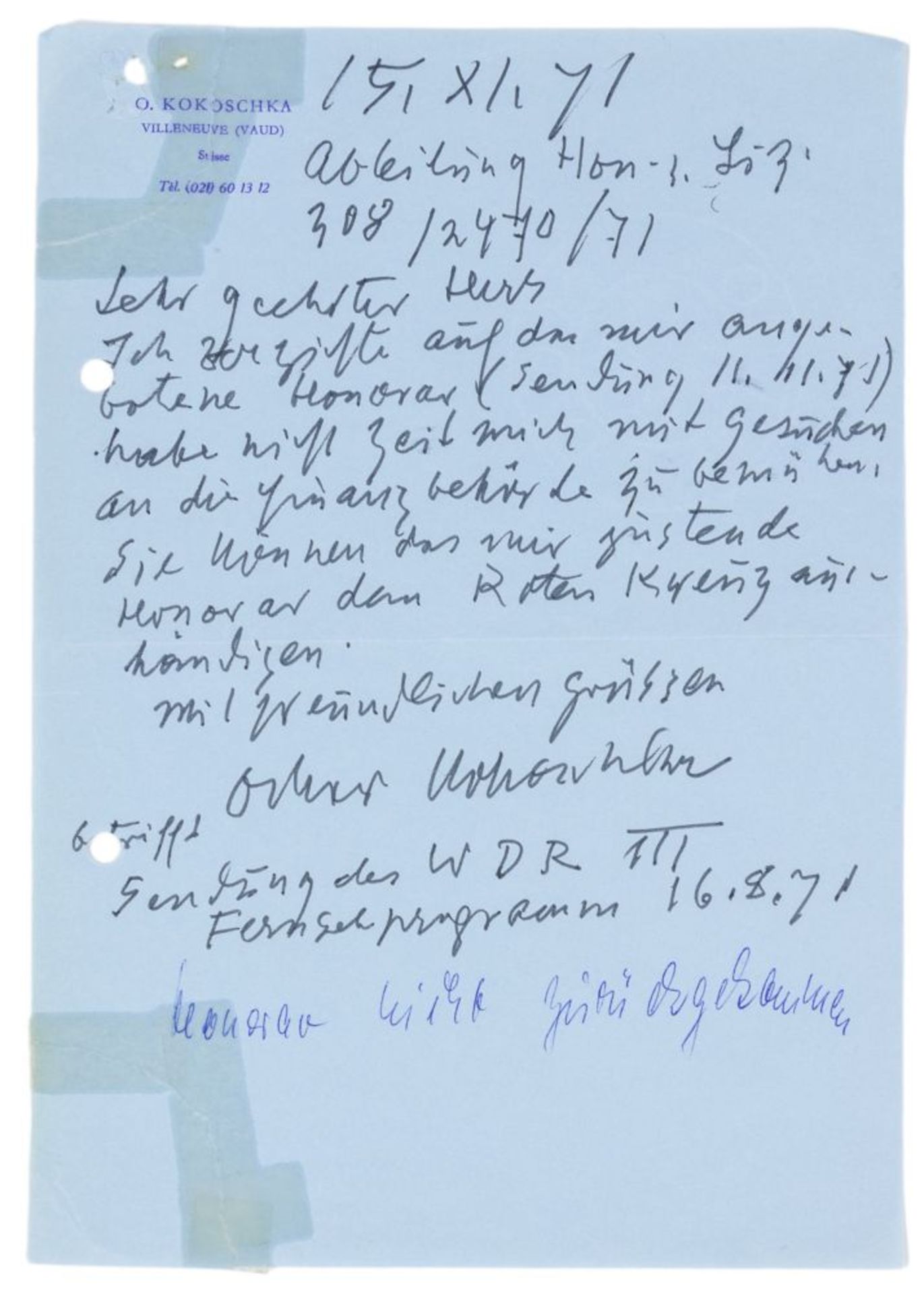 Kokoschka, Oskar. Eigenhändiger Brief auf blauem Briefpapier mit Briefkopf mit Adresse aus