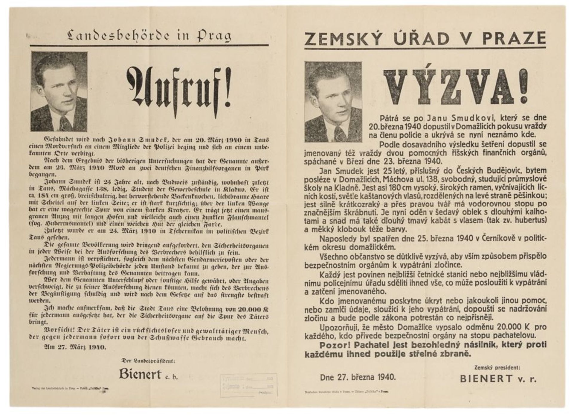 Nationalsozialismus - - Fahndungsplakat von Jan Smudek. Prag, Verlag der Landesbehörde, 27.3.1940.