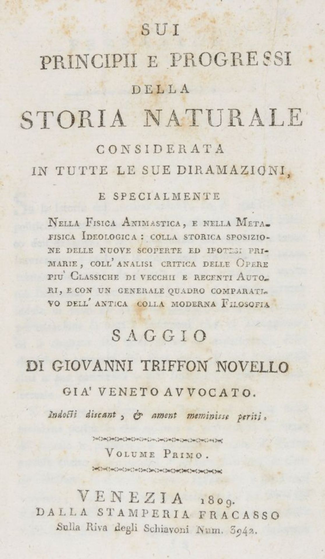 Allgemein - - Novello, Giovanni Triffon. Sui principii e progressi della storia naturale considerata - Image 2 of 2