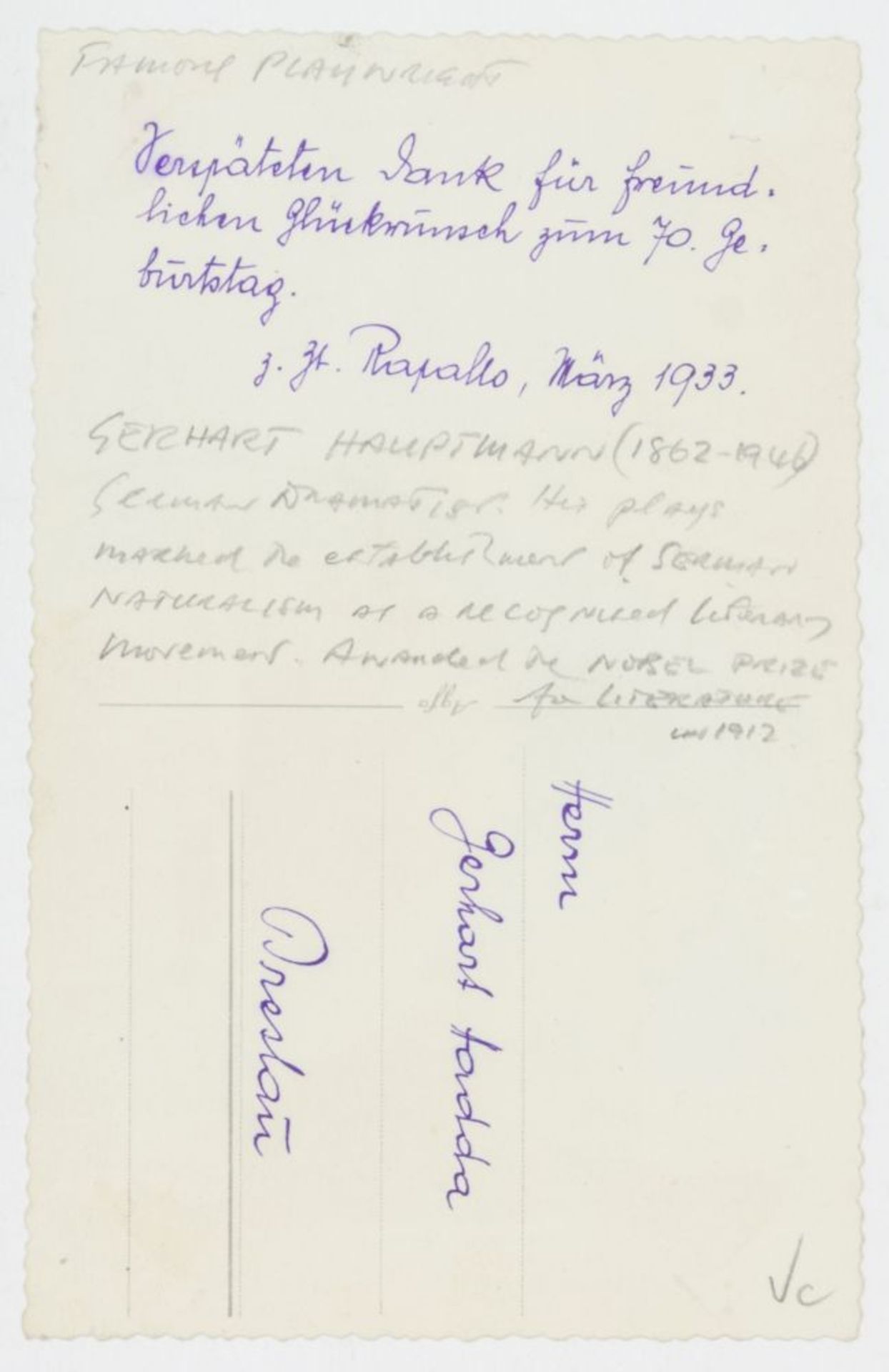Nobelpreisträger - - Hauptmann, Gerhart. Photopostkarte mit eigenhändiger Unterschrift unter einem - Image 2 of 2