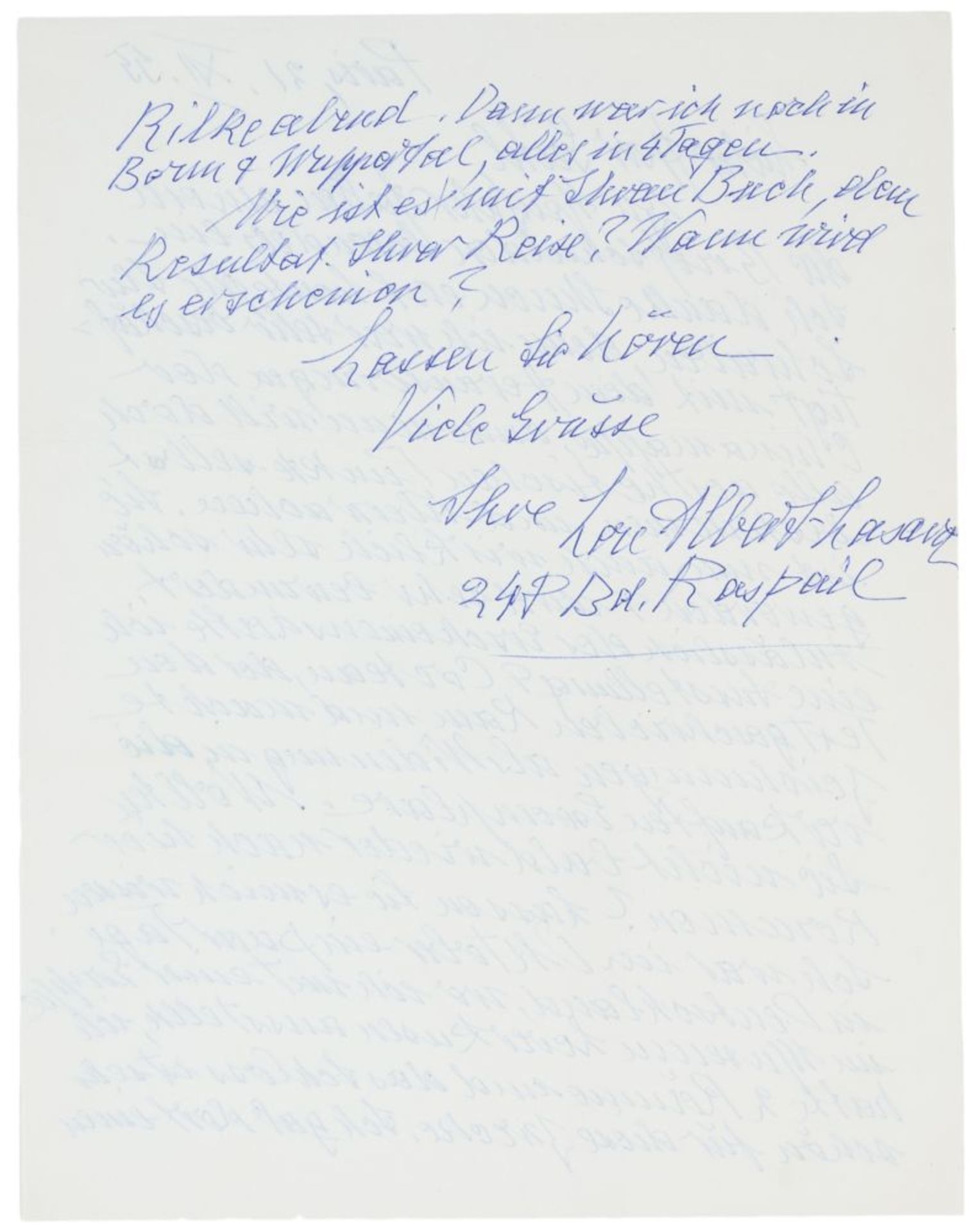 Albert-Lasard, Lou. Eigenhändiger Brief mit Unterschrift in deutscher Sprache an den Berliner Musik- - Image 2 of 2