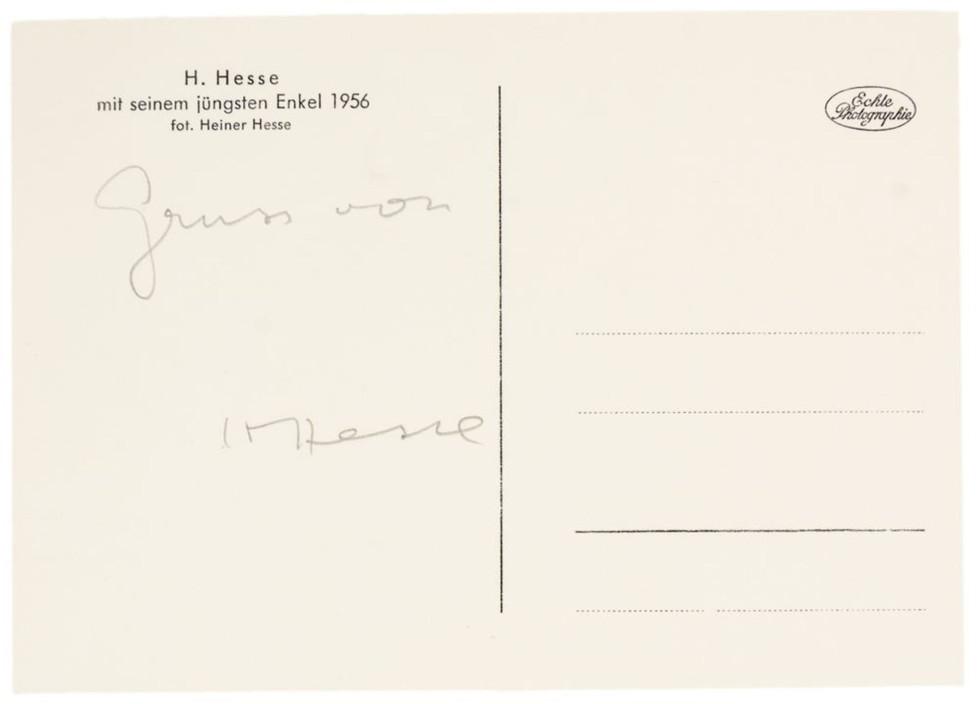 Hesse, Hermann. Zwei Porträt-Postkarten und zwei Publikationen, eigenhändig signiert bzw. - Bild 2 aus 3