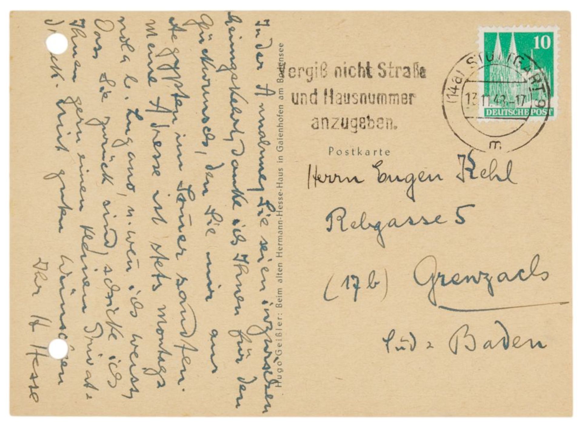 Nobelpreisträger - - Hesse, Hermann. Postkarte mit eigenhändigem 9-zeiligen Text und Unterschrift an
