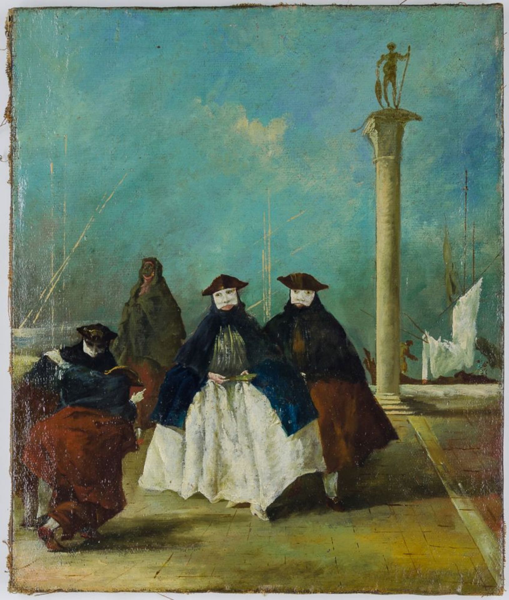 Longhi, Pietro (Nachfolge). Karneval-Szene in Venedig. Öl auf grober Leinwand. Wohl 19. Jahrhundert. - Image 4 of 4