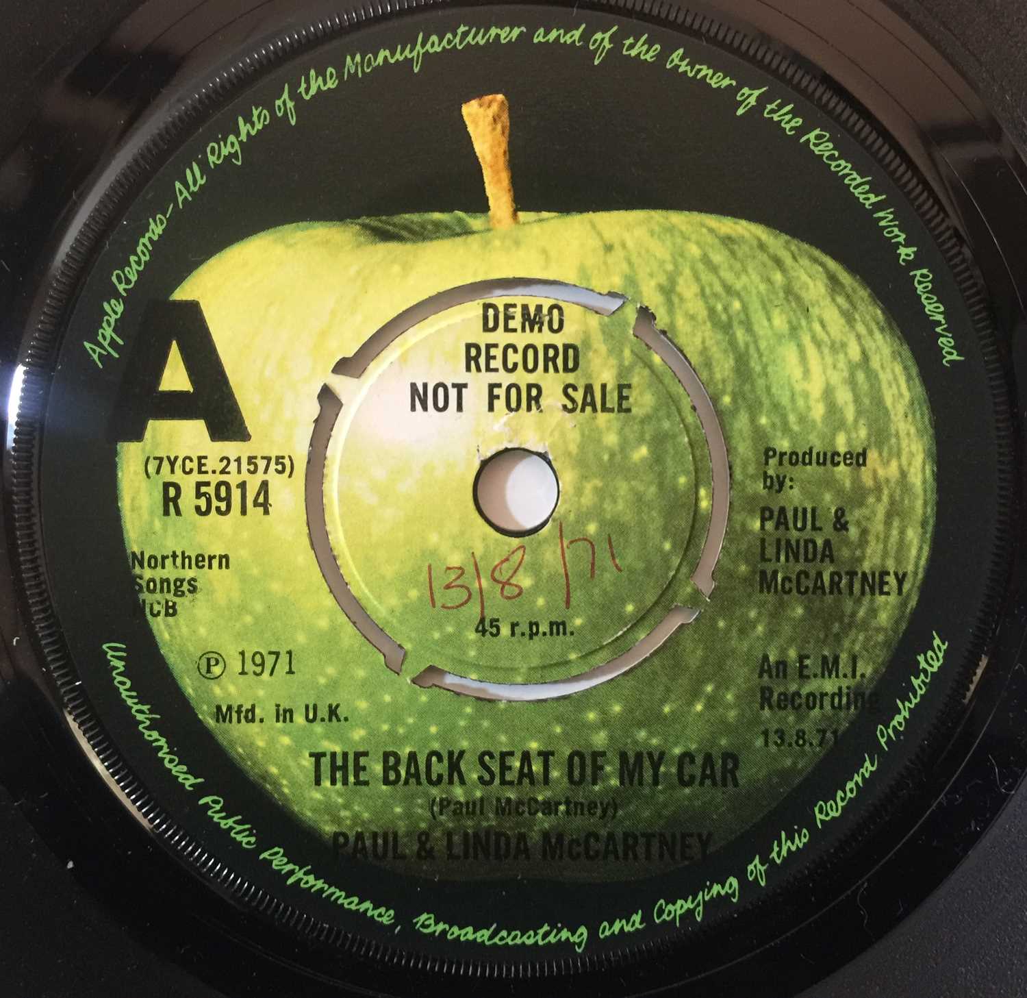 Paul & Linda McCartney - The Back Seat Of My Car 7" (Original UK Demo - Apple R 5914) - Image 2 of 3