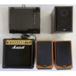 Marshall Guitar Amplifier, Speakers and Turntable.