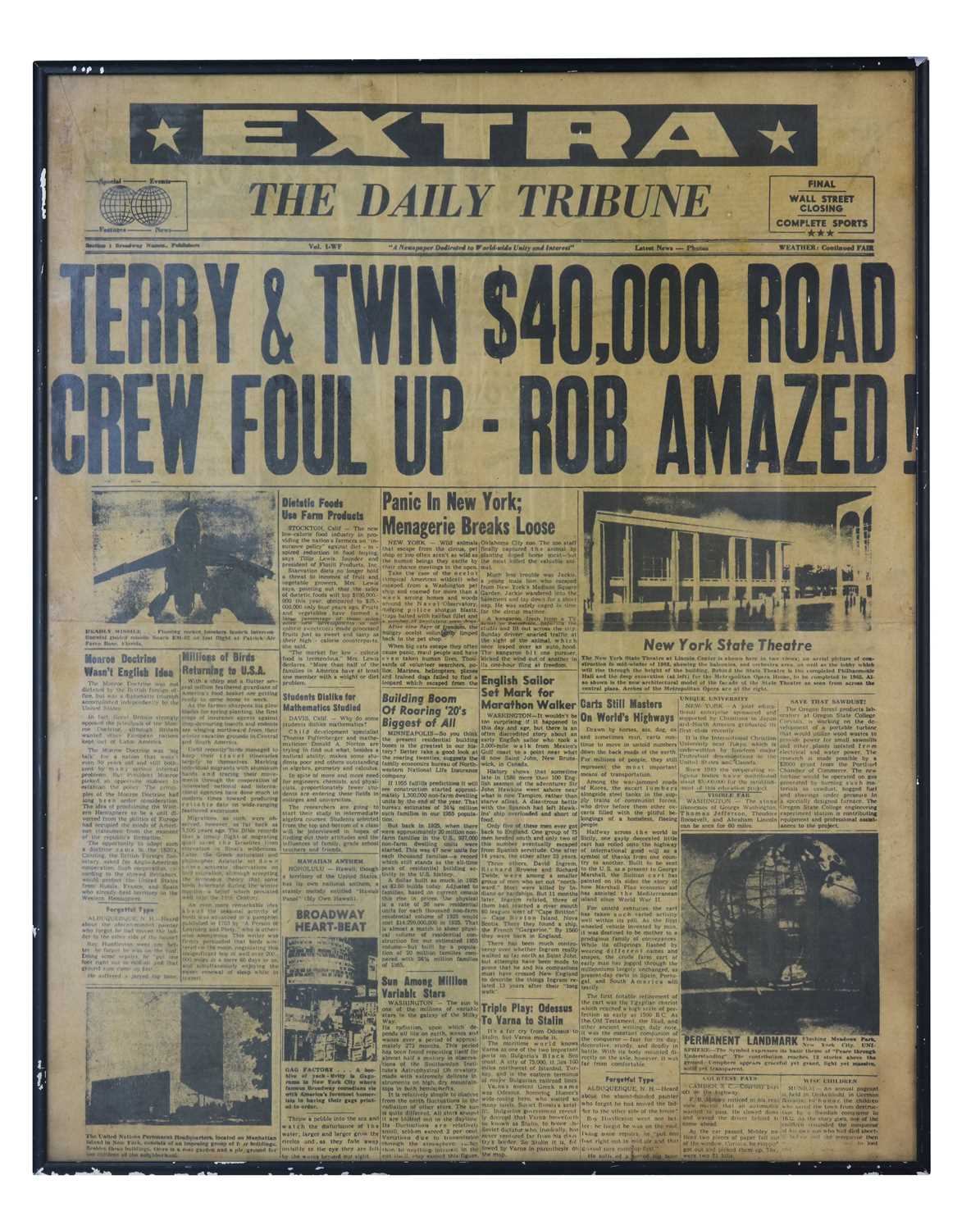 TERRY AND TWINNY NEWSPAPER HEADLINE, FRAMED
