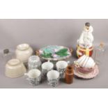 A collection of mostly 19th century ceramics to include Staffordshire figural tobacco jar, jelly