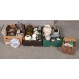 Three boxes of miscellaneous to include cased Darling sewing machine, modern oriental cabinet