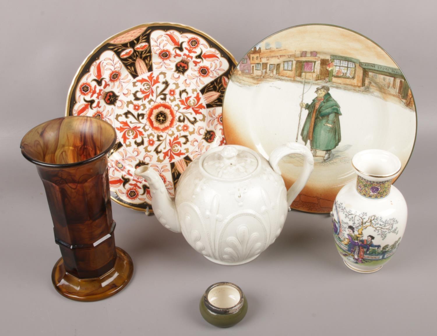 A collection of ceramics and glass to include Mason's cabinet plate, oriental vase, coloured glass