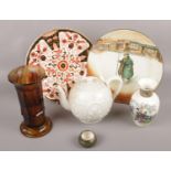 A collection of ceramics and glass to include Mason's cabinet plate, oriental vase, coloured glass