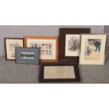 A collection of framed pictures to include framed etching of The entrance of peak cavern, map,