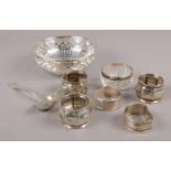 A quantity of silver to include Pierced bowl, silver sauce spoon with spice catcher, serviette rings