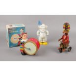 Three vintage tin plate and plastic toys, Daiya mechanical Clown drummer (original box), clockwork