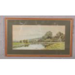George Oyston, framed watercolour, rural river landscape. (27cm x 49cm)