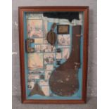 A mahogany and glass nautical shadow box with contents of yachting related items. (110cm x 78cm).