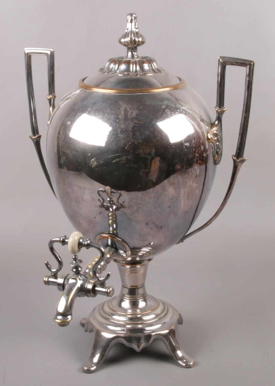 A 19th century twin handled silver plate and copper 4 quart samovar, height 42cm.