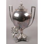 A 19th century twin handled silver plate and copper 4 quart samovar, height 42cm.