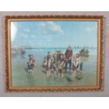 A framed colour print by John Groves of "Filey Beach" depicting children and fisherman with catch of