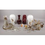 Two boxes of assorted glass items comprising of, a Ruby coloured glass etched decanter and vase, two