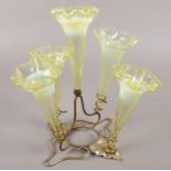 A vaseline glass epergne with silver plate leaf shaped base. Minor nibbles to base of flutes.