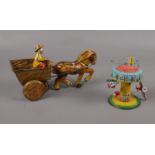 A vintage Tin plate Horse and cart with driver toy & Helicopter plane control tower toy