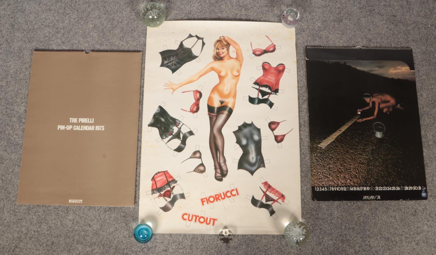 Two Parelli calendars dated 1973 & 1974 along with a Fiorucci cutout poster. Front cover missing